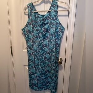 Tropical Leaf Performance Tank SPF Dress in Teal & Navy